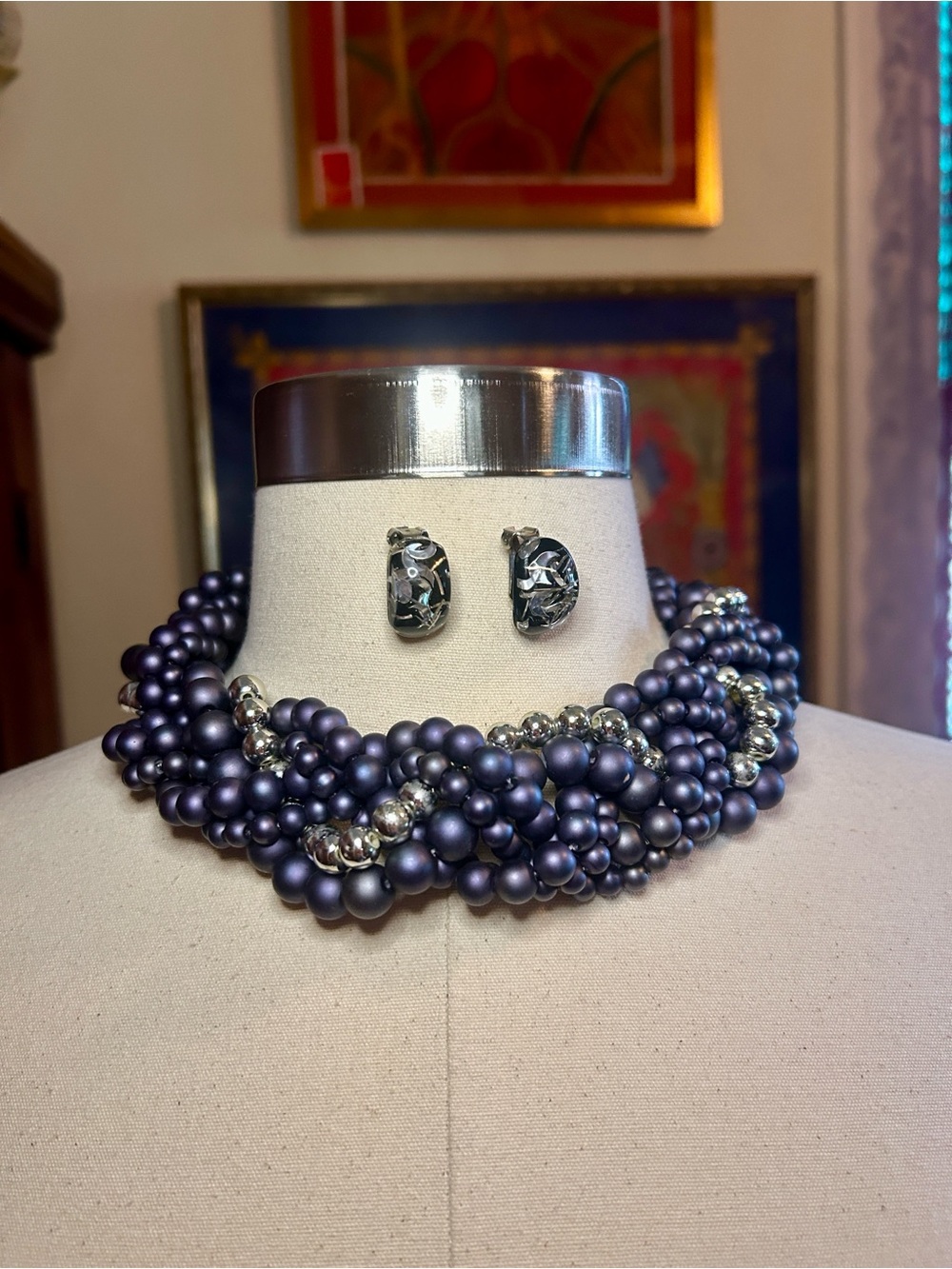 Dark Blue Pearl Cluster Necklace with Glittery Lucite Clip Earrings - 3 Pcs - Picture 6 of 6
